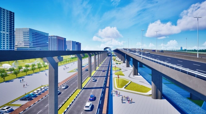 Phối cảnh tuyến monorail đi trên cao bên cạnh đại lộ cảnh quan sông Hồng.