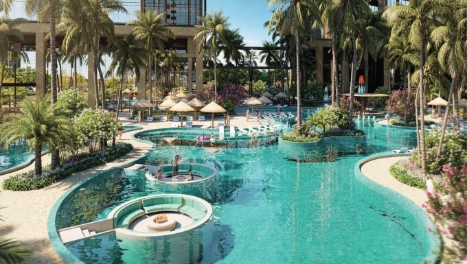 Hệ thống mặt nước hòa cùng đường dạo bộ ven sông, các chòi nghỉ tạo nên không gian sống xanh giữa lòng đô thị tại Sunshine Sky City. Ảnh: Sunshine Group