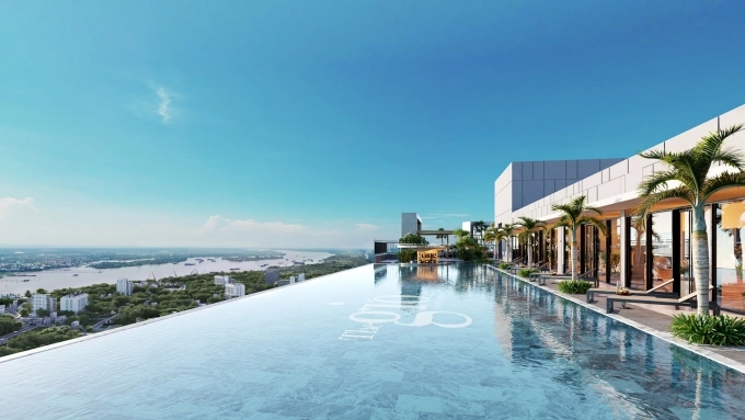 Hồ bơi Bình Minh vô cực trên tầng 40 tháp Gió Đông. Ảnh: An Gia