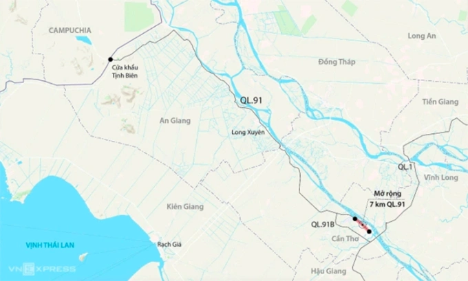 Hướng tuyến quốc lộ 91 dài hơn 140 km và đoạn qua Cần Thơ được mở rộng. Đồ họa: Đăng Hiếu