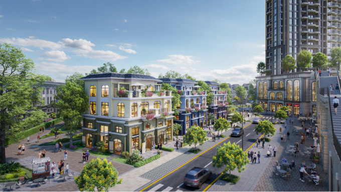 Shophouse đối diện ba tầng khối đế thương mại của tháp cao tầng. Ảnh: Ecopark