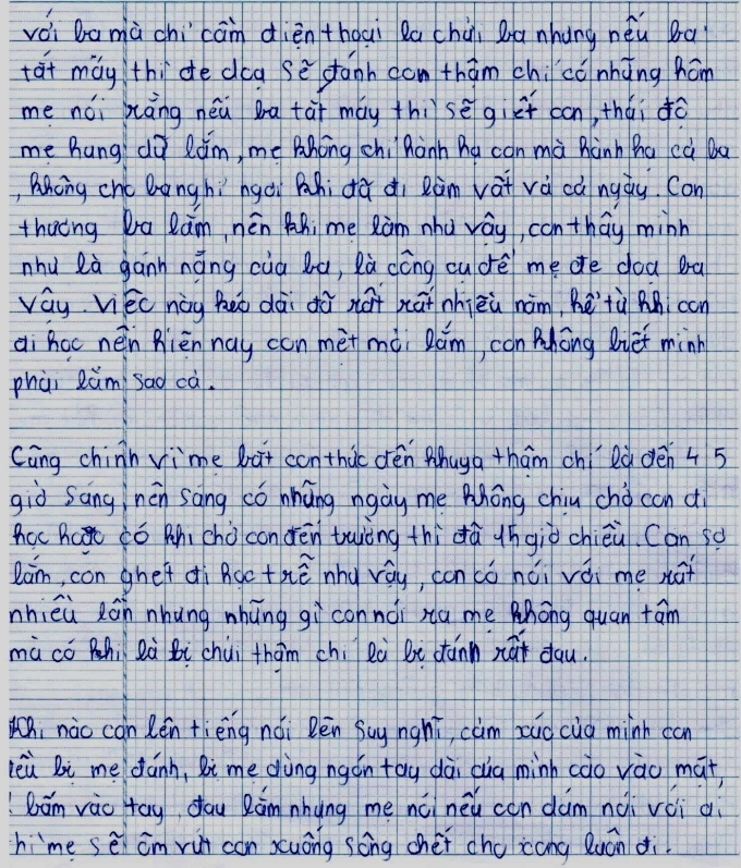 Lá đơn kêu cứu bé gái gửi đến Công an phường Cầu Ông Lãnh về việc bị mẹ bạo hành. Ảnh: Chụp hồ sơ