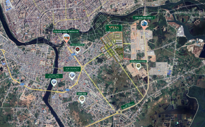 Sơ đồ vệ tinh khu đô thị Vera Diamond City nằm giữa hai cửa khẩu quốc tế. Ảnh: Vinaconex