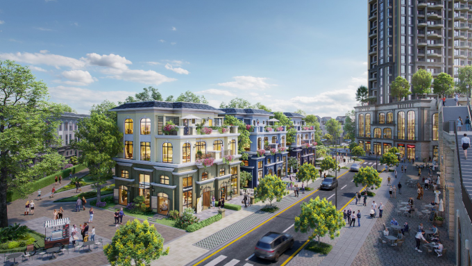 Phối cảnh các căn shophouse trực diện khối đế thương mại của tháp cao tầng. Ảnh: Ecopark