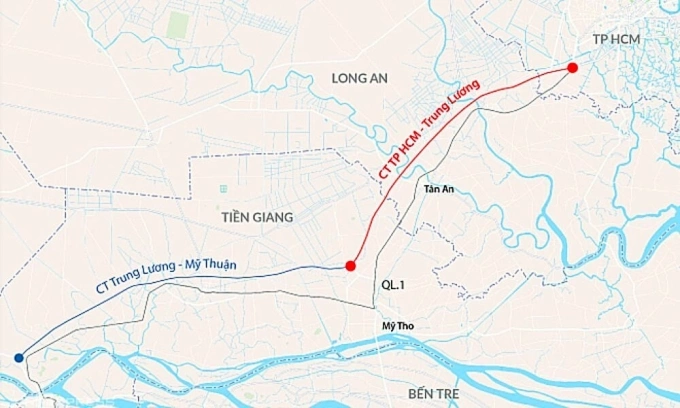 Hướng tuyến cao tốc Trung Lương - Mỹ Thuận. Đồ họa: Đăng Hiếu
