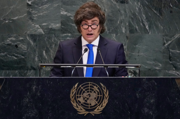 Tổng thống Argentina Javier Milei phát biểu tại Đại hội đồng Liên Hợp Quốc ngày 24/9. Ảnh: AP