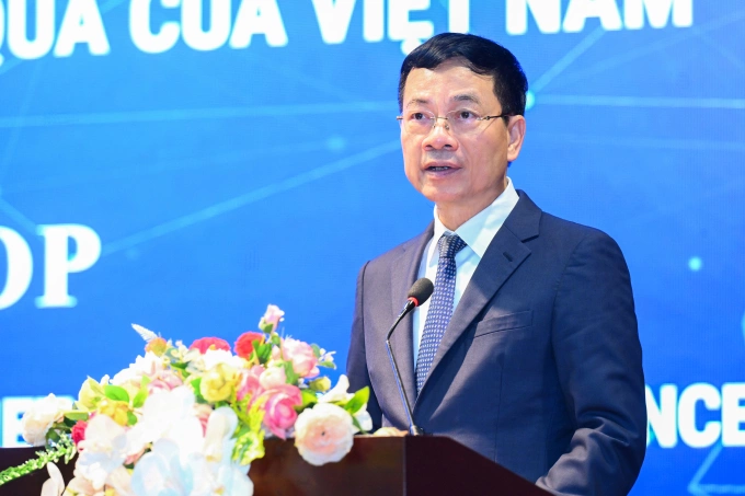 Bộ trưởng Nguyễn Mạnh Hùng tại hội thảo công bố Chỉ số đổi mới sáng tạo toàn cầu (GII). Ảnh: Giang Huy