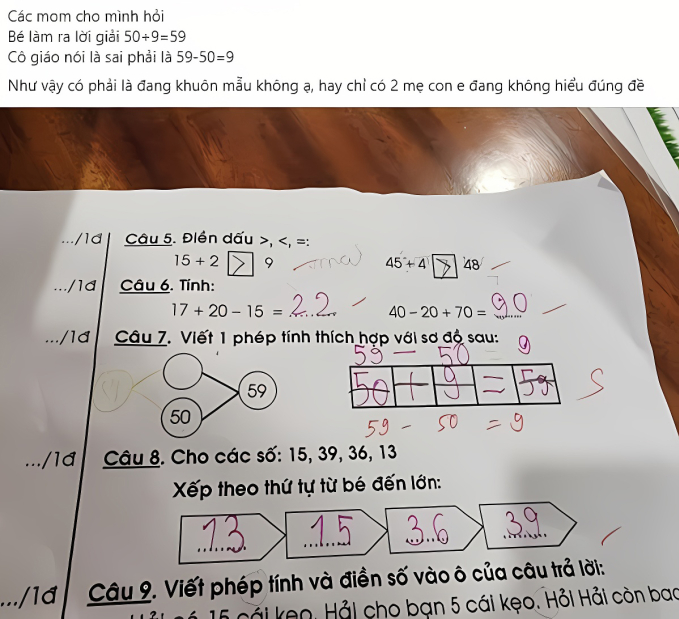 Câu 7 của đề toán khiến phụ huynh thắc mắc không hiểu cô giáo quá khuôn mẫu hay mình hiểu sai đề.
