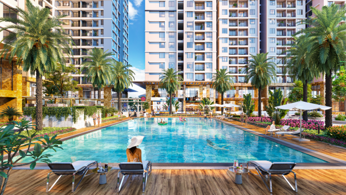 Bể bơi phong cách resort gần 1.000 m2 tại Hanoi Melody Residences. Ảnh: HMR