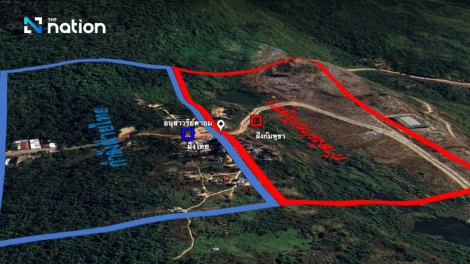 Khu vực biên giới Chong An Ma, tỉnh Ubon Ratchathani (xanh) giáp Campuchia. Ảnh: Nation