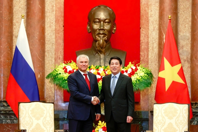 Chủ tịch nước Lương Cường tiếp Chủ tịch Duma Quốc gia Nga Vyacheslav Volodin ngày 29/9. Ảnh: Giang Huy