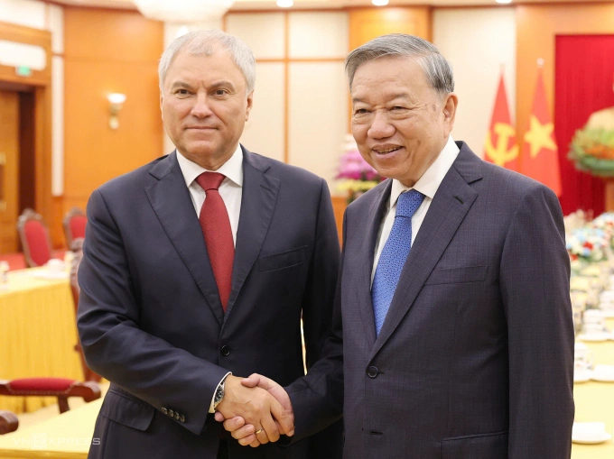 Tổng Bí thư Tô Lâm tiếp Chủ tịch Duma Quốc gia Nga Vyacheslav Volodin sáng 29/9. Ảnh: Giang Huy