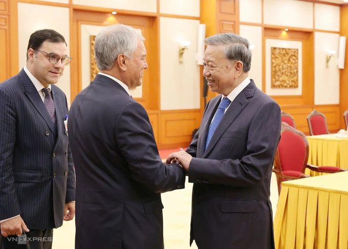 Tổng Bí thư Tô Lâm tiếp Chủ tịch Duma Quốc gia Nga Vyacheslav Volodin sáng 29/9. Ảnh: Giang Huy