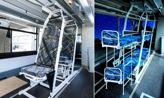 Xe buýt với ghế (trái) và khi chuyển thành giường. Ảnh: Kochi Ekimae Kanko