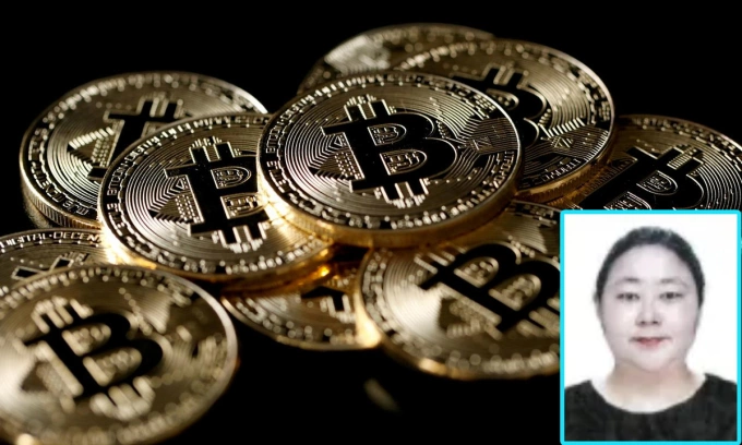 Đồng xu Bitcoin và chân dung Zhimin Qian. Ảnh: Reuters/Weixin