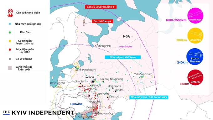 Mục tiêu tiềm năng của tên lửa Tomahawk nếu được chuyển cho Ukraine. Đồ họa: Kyiv Independent