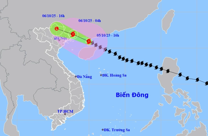 Dự báo đường đi và khu vực ảnh hưởng của bão Matmo lúc 16h hôm nay. Ảnh: NCHMF