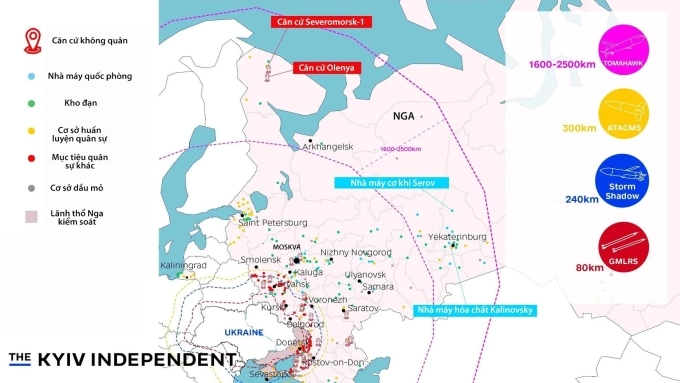 Mục tiêu tiềm năng của tên lửa Tomahawk nếu được chuyển cho Ukraine. Đồ họa: Kyiv Independent