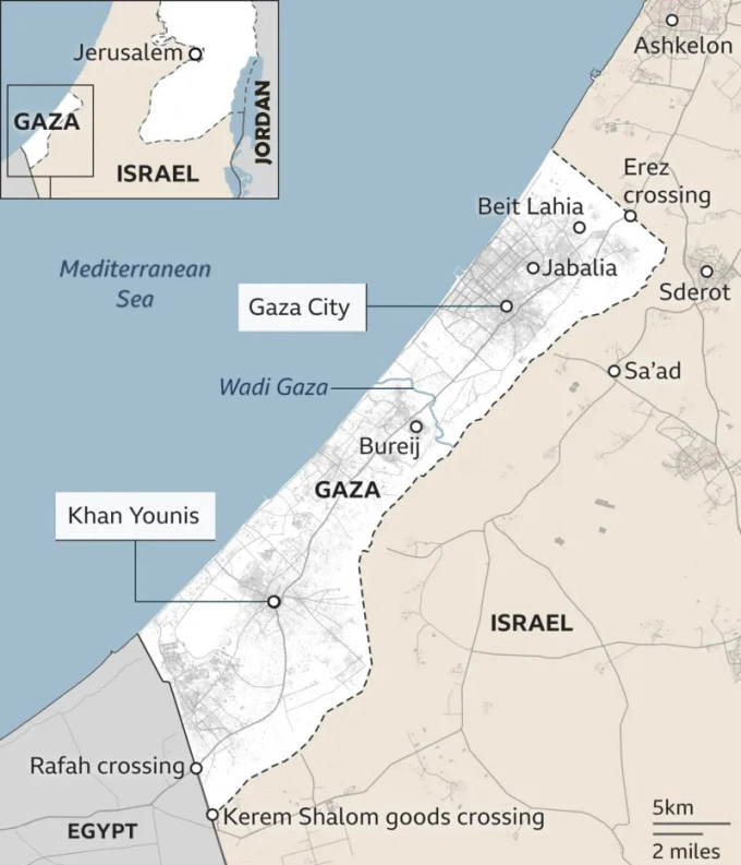 Vị trí cửa khẩu Kerem Shalom, Gaza. Đồ họa: BBC
