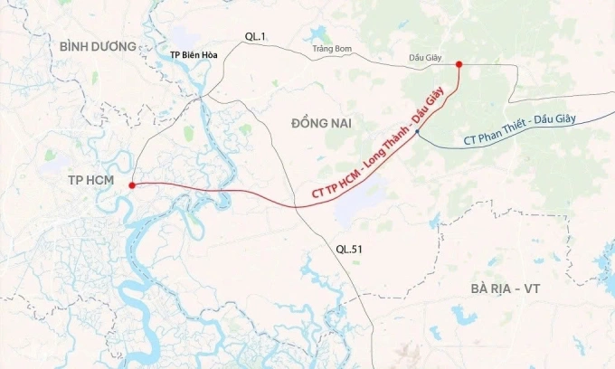 Hướng tuyến cao tốc TP HCM - Long Thành - Dầu Giây. Đồ họa: Khánh Hoàng