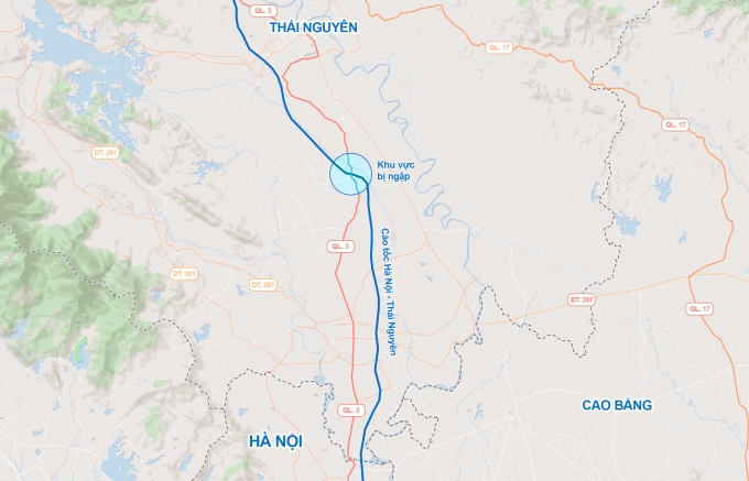 Vị trí cao tốc Hà Nội - Thái Nguyên bị ngập nước. Đồ họa: Tâm Thảo