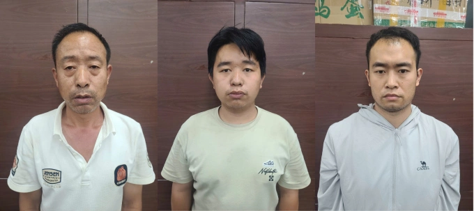 Các đối tượng Trung Quốc bị bắt giữ gồm: Vương Vân Tường, Vương Tử Huân, Liu Đào (từ trái qua phải). Ảnh Công an cung cấp