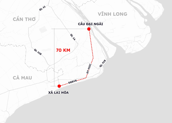 Hướng tuyến đường kết nối Vĩnh Long tới Cà Mau. Đồ họa: Hoàng Thanh