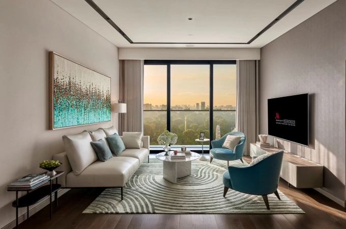 Phòng khách căn hộ Marriott Residences phiên bản đặc biệt. Ảnh: Masterise Homes