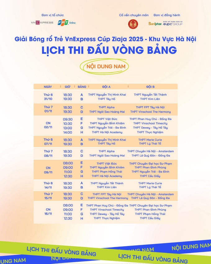 Lịch thi đấu nội dung nam.