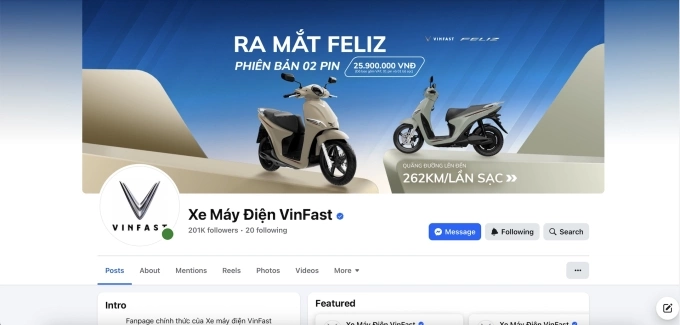 Giao diện fanpage chính thức do VinFast vận hành. Ảnh: chụp màn hình