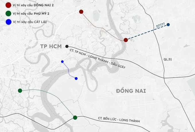 Vị trí các cây cầu kết nối TP HCM và Đồng Nai sắp tới sẽ xây dựng, trong đó có Phú Mỹ 2 (xanh lá). Đồ họa: Khánh Hoàng