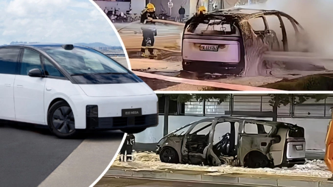 Mẫu MPV điện Li Mega nguyên bản màu trắng (trái) và chiếc xe gặp hỏa hoạn chỉ còn trơ khung. Ảnh: CarNewsChina