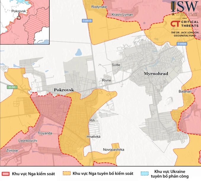 Cục diện chiến sự quanh Pokrovsk và Mirnograd (Myrnohrad). Đồ họa: ISW