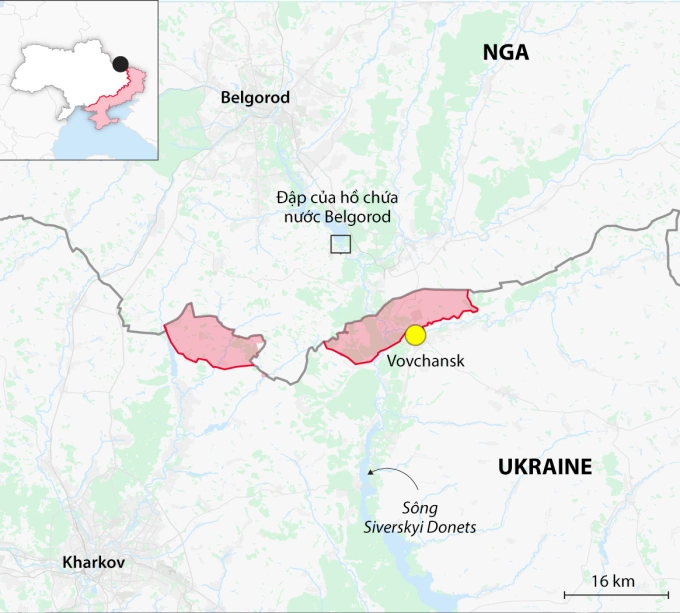 Vị trí Vovchansk, đập của hồ chứa nước Belgorod và khu vực Nga kiểm soát (màu đỏ). Đồ họa: Telegraph