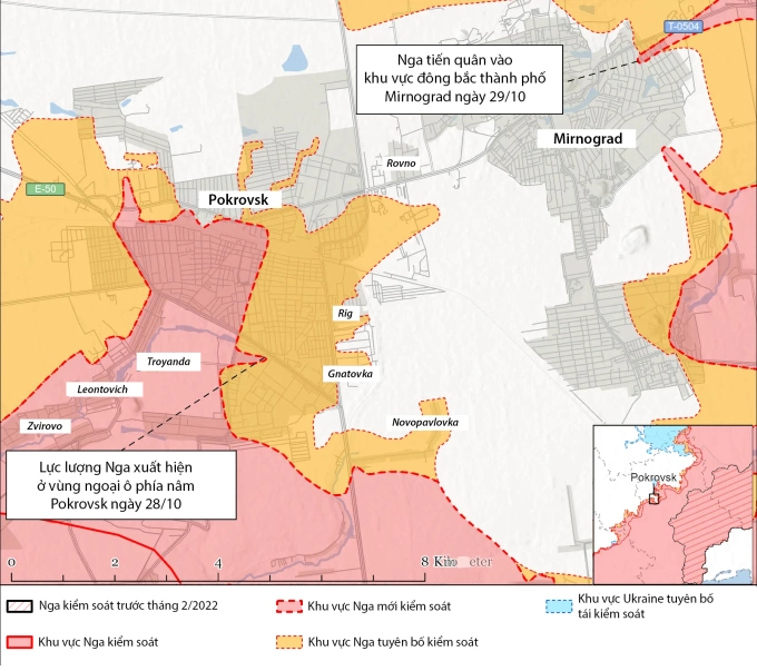Cục diện chiến sự tại thành trì Pokrovsk, tỉnh Donetsk tính đến ngày 29/10. Đồ họa: ISW