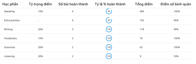 Bảng báo cáo cá nhân hoá học tập của học viên theo học với Tiến sĩ Mai Văn Kết tại IE&Co. Ảnh: Chụp màn hình