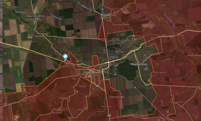 Vị trí đặc nhiệm GUR đổ quân (xanh) và khu vực Nga kiểm soát ở Pokrovsk - Mirnograd. Đồ họa: Lost Armour