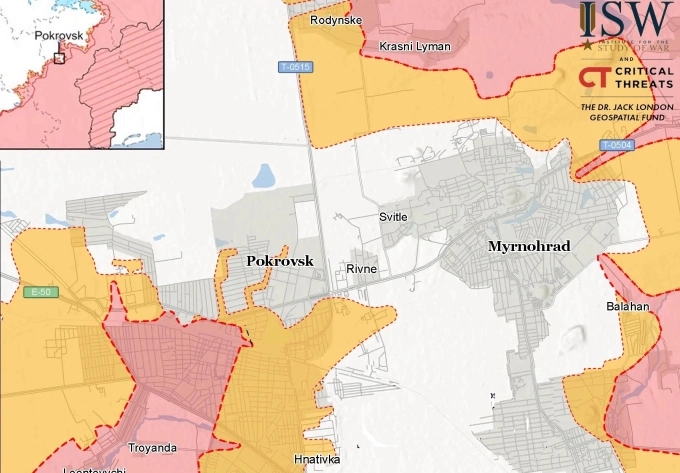 Cục diện chiến sự quanh Pokrovsk và Mirnograd (Myrnohrad) tính đến ngày 30/10. Đồ họa: ISW