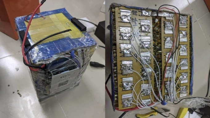 Một khối pin được độ chế trên xe điện. Ảnh: Võ Quân