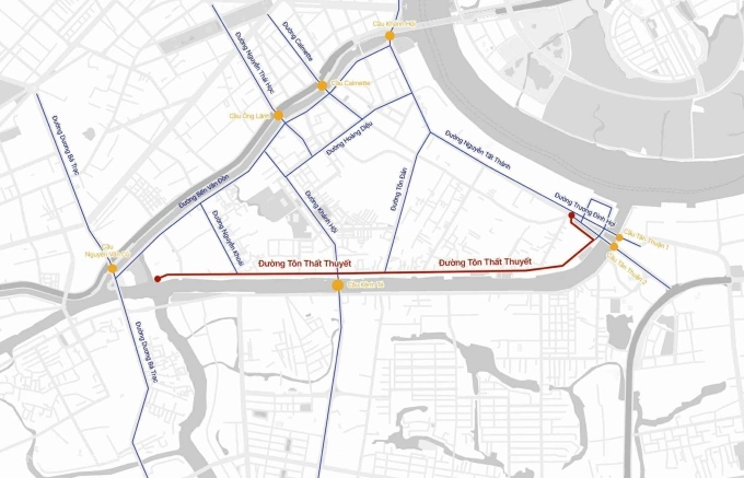 Vị trí đoạn đường Tôn Thất Thuyết sẽ được mở rộng từ 7-8 m lên 27 m. Đồ họa: Tâm Thảo