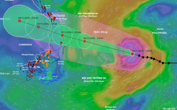 Dự báo hướng đi và vùng ảnh hưởng của bão lúc 13h ngày 5/11. Ảnh: Hệ thống giám sát thiên tai