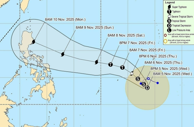 Dự báo đường đi của áp thấp nhiệt đới đang hoạt động phía đông Philippines ngày 5/11. Đồ họa: PAGASA
