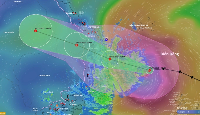 Dự báo đường đi và khu vực bão đổ bộ lúc 7h hôm nay. Ảnh: Hệ thống giám sát thiên tai Việt Nam