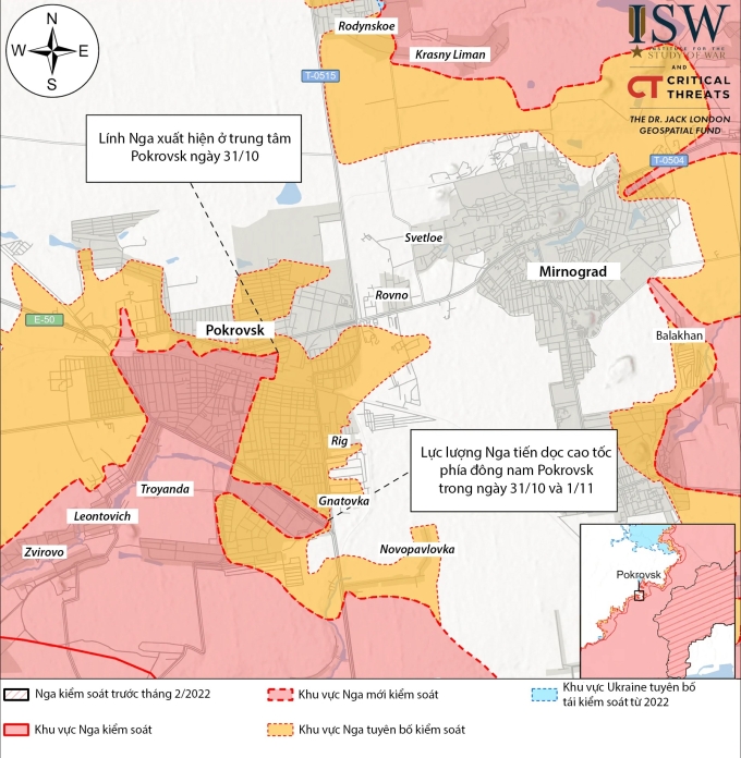 Cục diện chiến sự tại mặt trận Pokrovsk tính đến ngày 1/11. Đồ họa: ISW