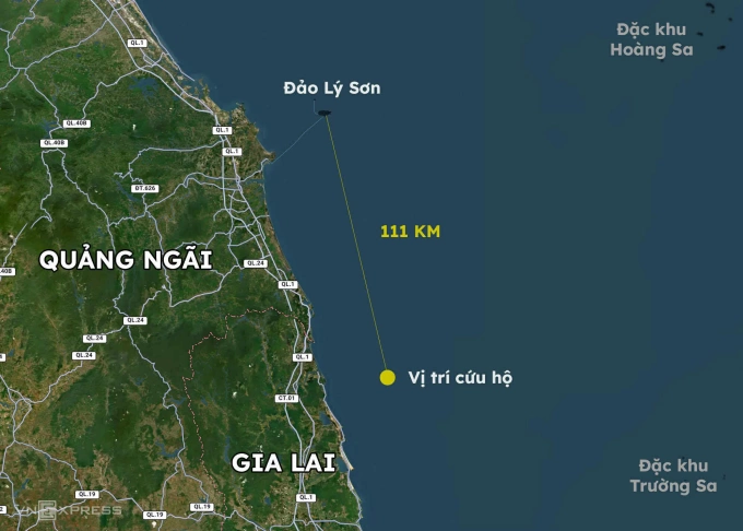 Vị trí tàu Hải Nam 39 phát hiện và cứu ông Quang. Đồ họa: Hoàng Thanh