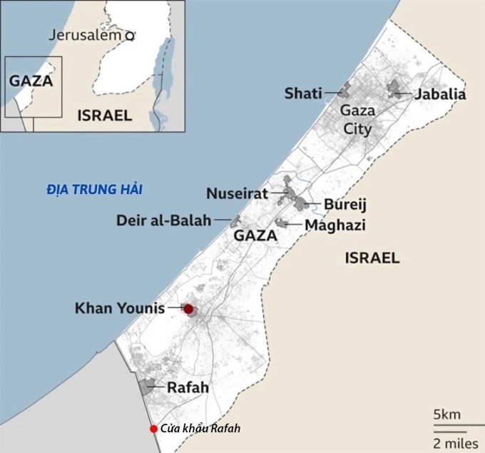 Vị trí các đô thị tại Dải Gaza. Đồ họa: BBC