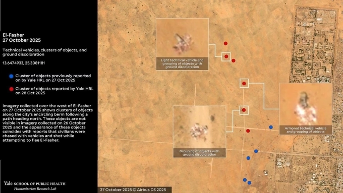 Hàng loạt cụm thi thể rải rác tại El Fasher, Sudan, nhìn từ ảnh vệ tinh. Ảnh: HRL