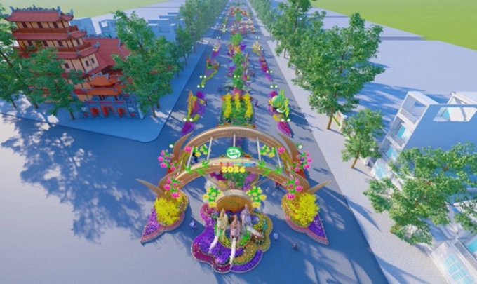 Phối cảnh đoạn cổng chính đường hoa nghệ thuật Cần Thơ Tết Bính Ngọ 2026. Ảnh: Ban tổ chức