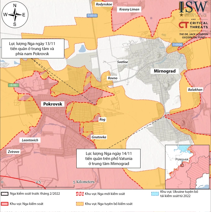Cục diện chiến sự tại Pokrovsk, tỉnh Donetsk tính đến ngày 14/11. Đồ họa: ISW