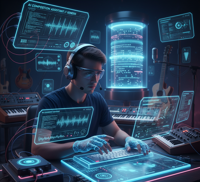 Minh họa một người đang sáng tác nhạc bằng AI. Ảnh: Google Gemini